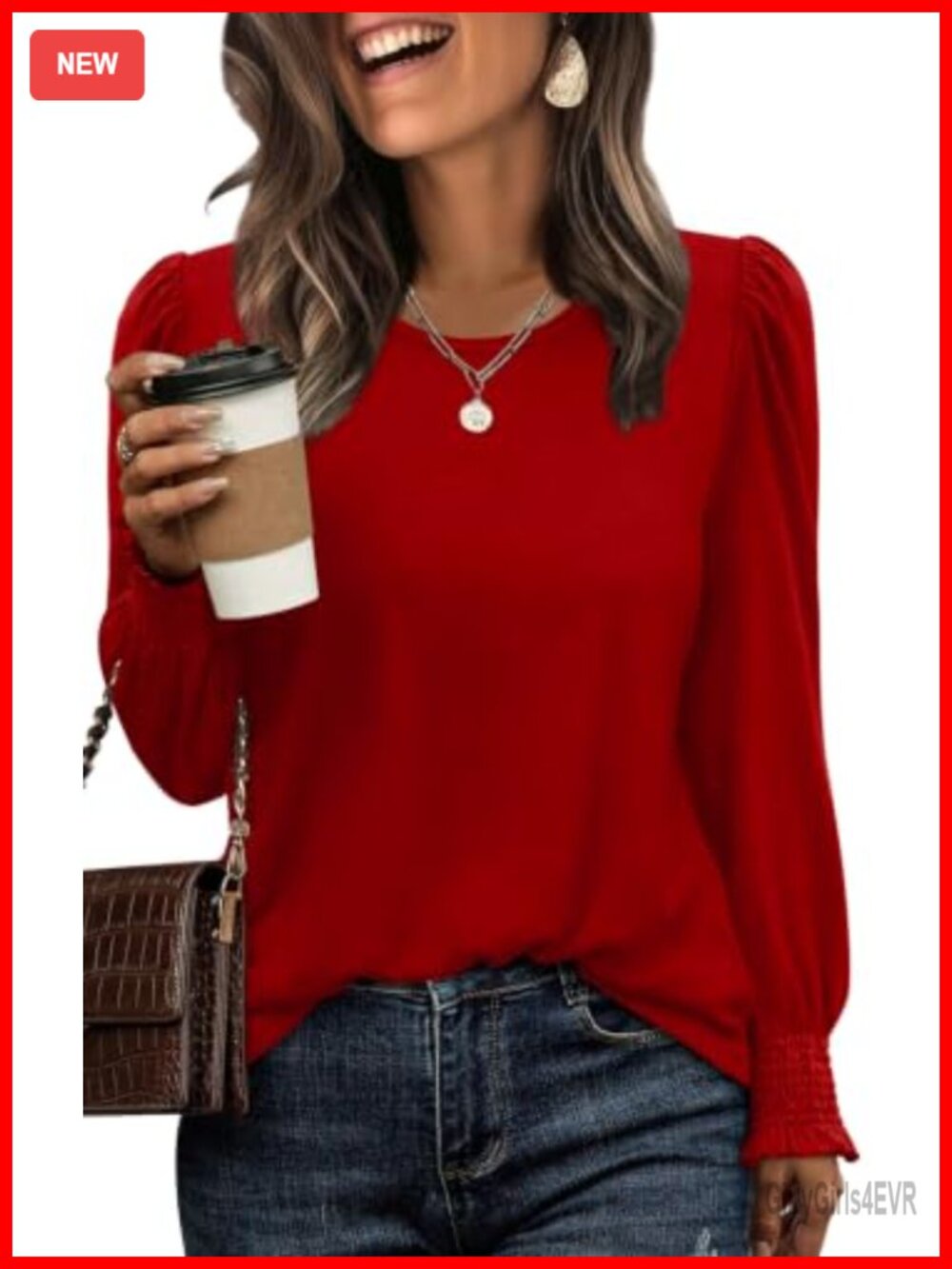 Women's Puff Sleeve Tunic Top Long Sleeve Smocked Cuffs Blouse Dressy Casual